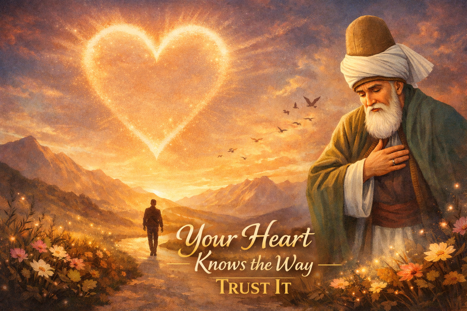 Motivational Rumi concept art with a traveler walking toward a glowing heart and spiritual figure representing inner guidance.