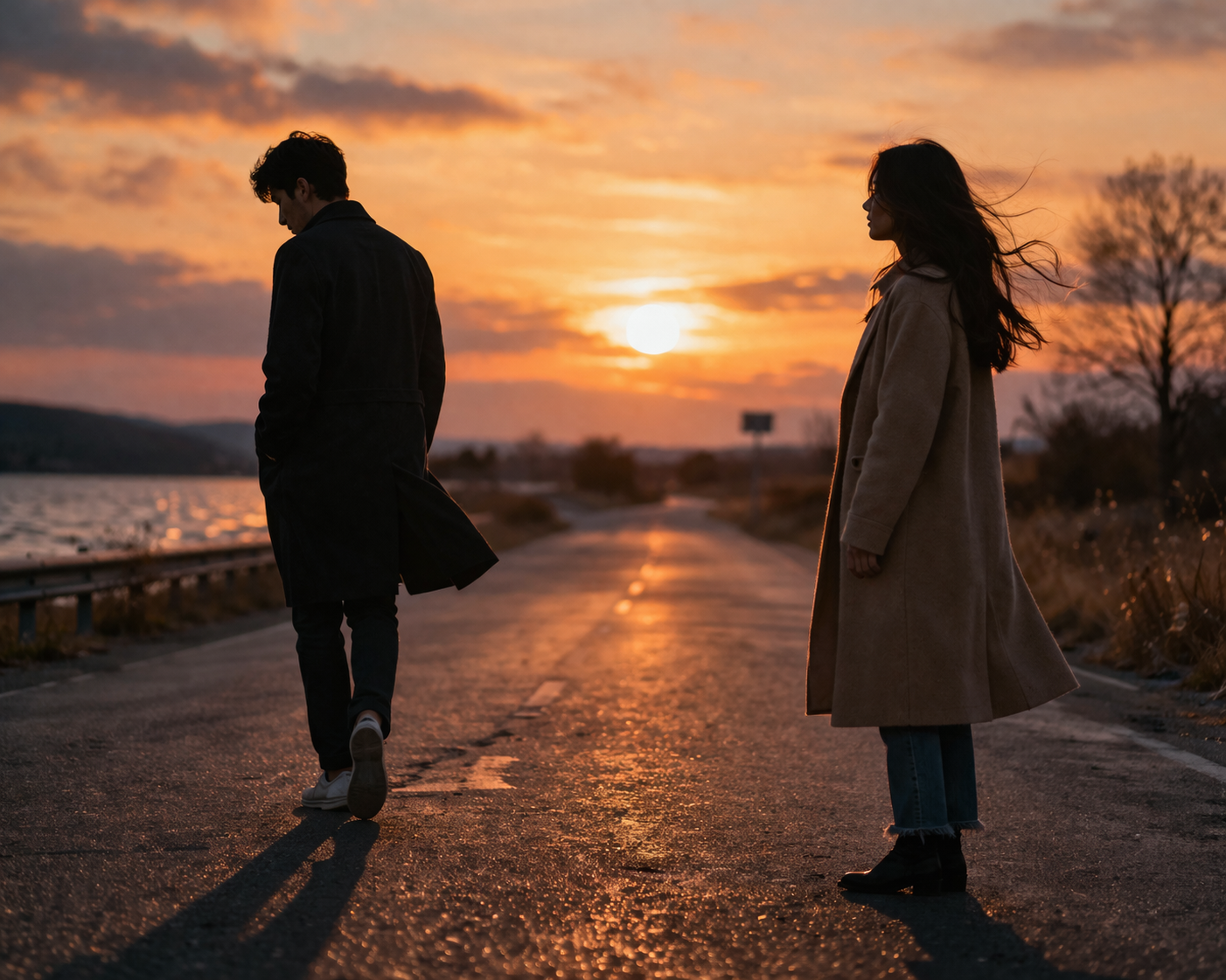 Two people stand a few steps apart on an empty road at sunset, facing each other in silence. One begins to walk away while the other remains still, as warm golden light and long shadows capture a quiet, emotional goodbye.